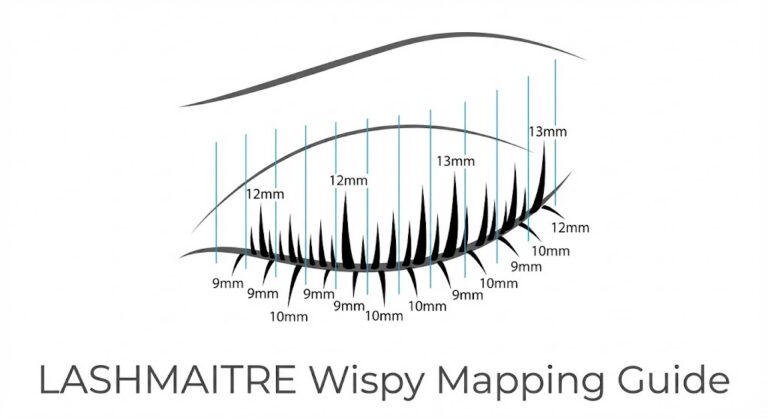 "Technical lash mapping diagram by LASHMAITRE illustrating the 'Wispy' style, a popular look designed to replicate the dramatic, textured effect often seen on celebrities with eyelash extensions, using alternating lengths of 9mm to 13mm."