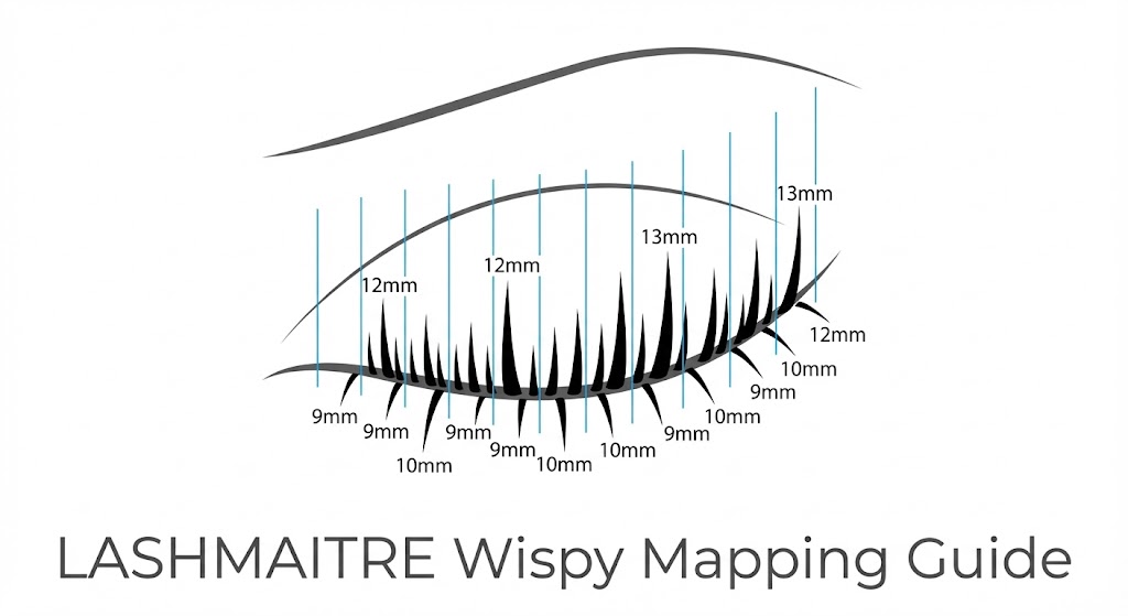 "Technical lash mapping diagram by LASHMAITRE illustrating the 'Wispy' style, a popular look designed to replicate the dramatic, textured effect often seen on celebrities with eyelash extensions, using alternating lengths of 9mm to 13mm."