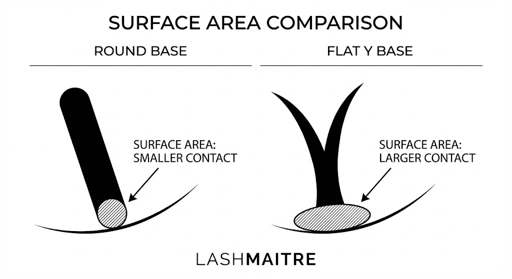 Side-by-side infographic comparing the flat base structure of a YY lash against the pointed base of volume premade fans, presented by LASHMAITRE.