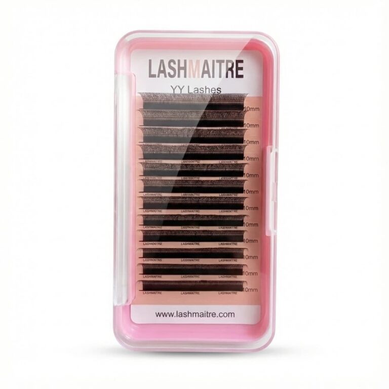 A professional arrangement of LASHMAITRE wholesale YY eyelash extensions trays, systematically organized by curl and thickness for U.S. salon restocking.