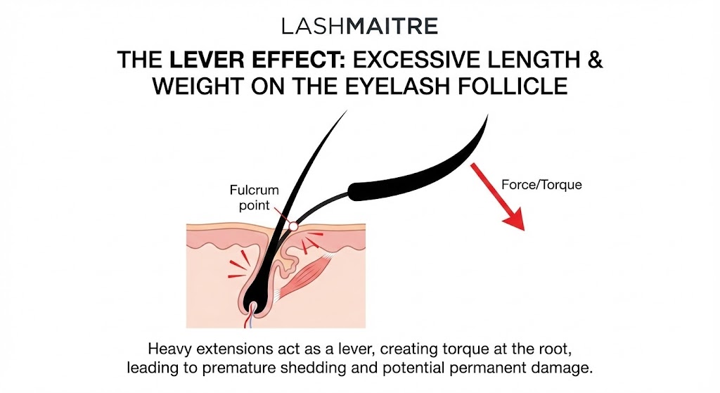 A medical diagram by LASHMAITRE illustrating the "Lever Effect," showing how an excessively long and heavy eyelash extension creates torque at the follicle root, causing the sensation of eyelash extensions pulling my eyelashes out.
