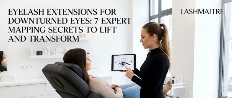 A technical illustration by LASHMAITRE showing correct mapping for eyelash extensions for downturned eyes, highlighting how to avoid the "droopy" look by lifting the outer corners using specific curls and lengths.