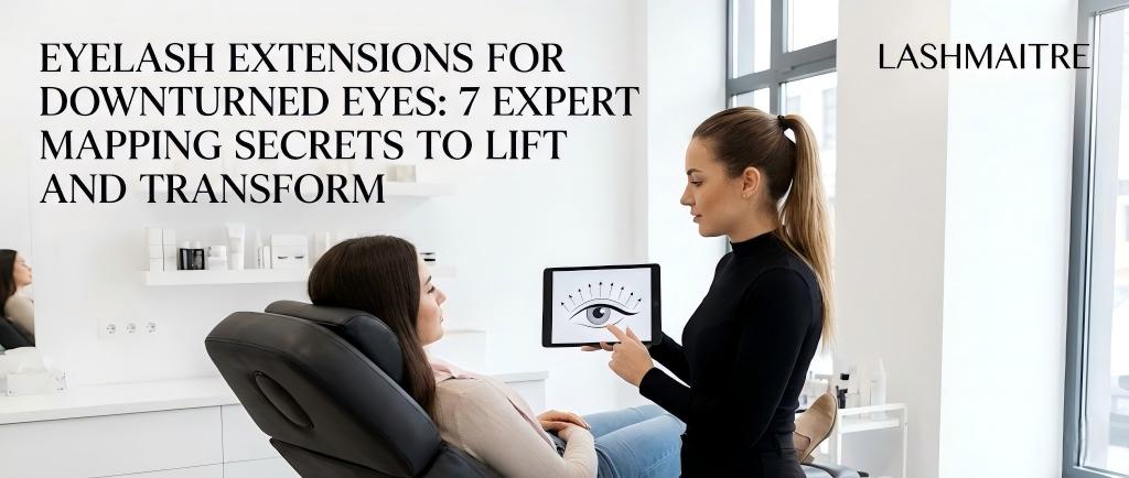 A technical illustration by LASHMAITRE showing correct mapping for eyelash extensions for downturned eyes, highlighting how to avoid the "droopy" look by lifting the outer corners using specific curls and lengths.