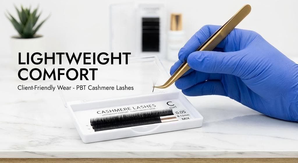 Lashmaitre cashmere eyelash extensions in a tray made from lightweight black PBT for comfortable all-day wear
