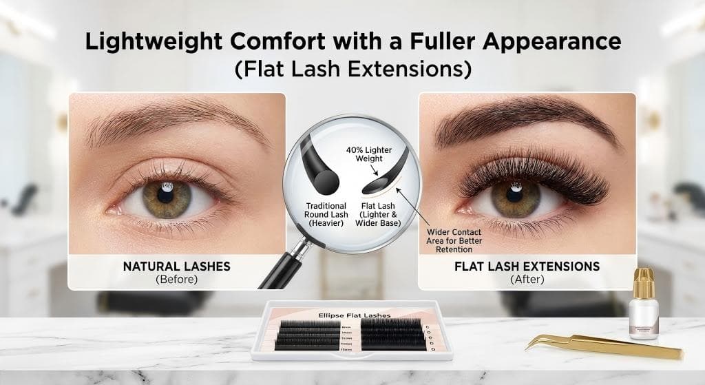 Lashmaitre ellipse flat lashes wholesale flat lash extensions showing lightweight comfort with a fuller appearance for classic lash extension sets