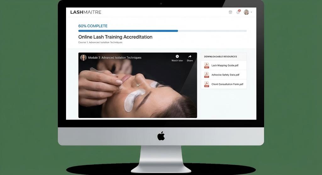 Screenshot of a professional Learning Management System (LMS) dashboard designed for online lash training accreditation courses, featuring video modules and downloadable PDF resources.