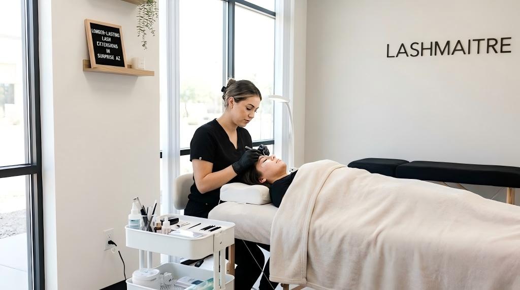 A licensed esthetician applying individual lashes with precision in a sunlit studio, demonstrating the technique used for longer-lasting eyelash extensions in Surprise AZ.