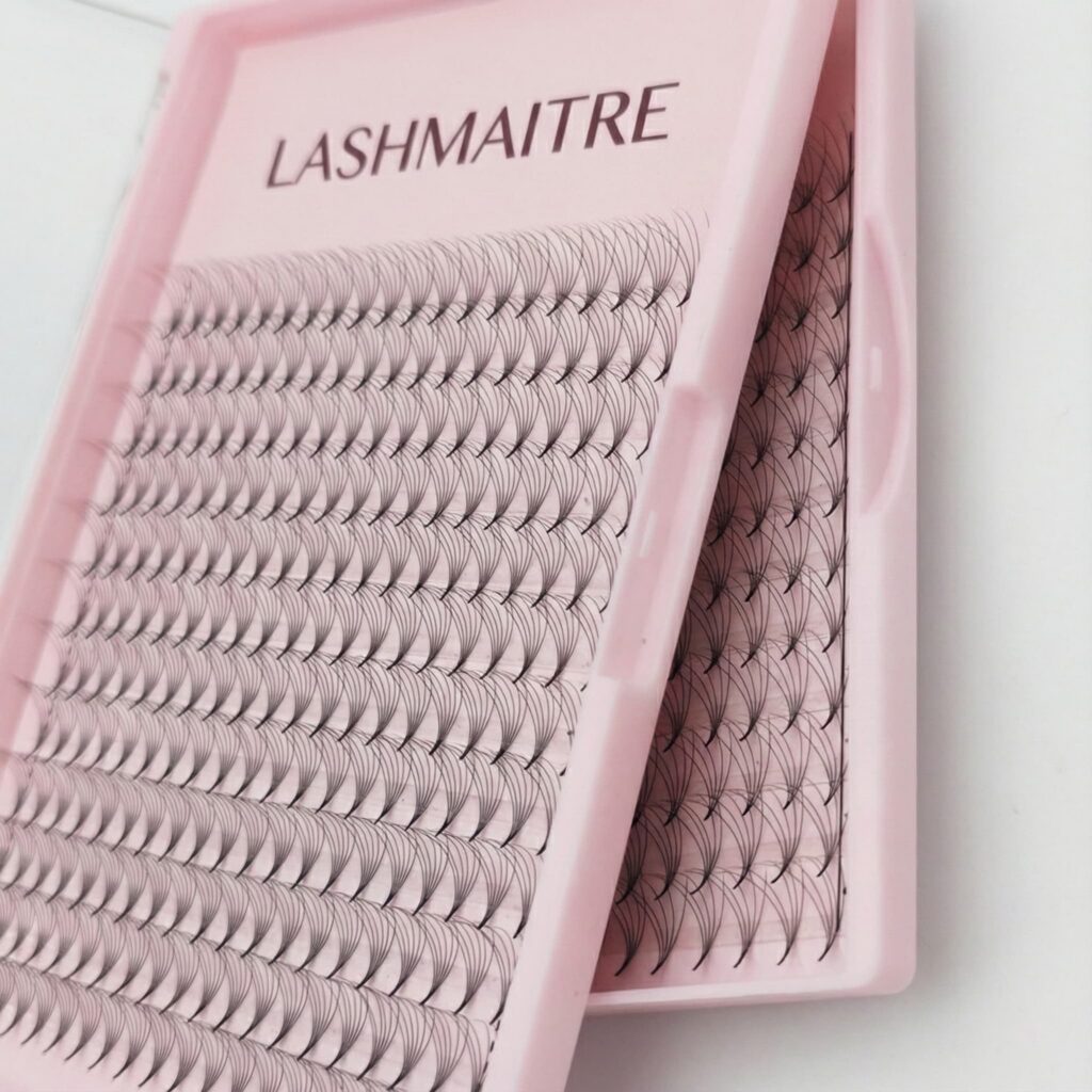Long stem premade fans wholesale tray showing uniform fan shape for volume lash sets