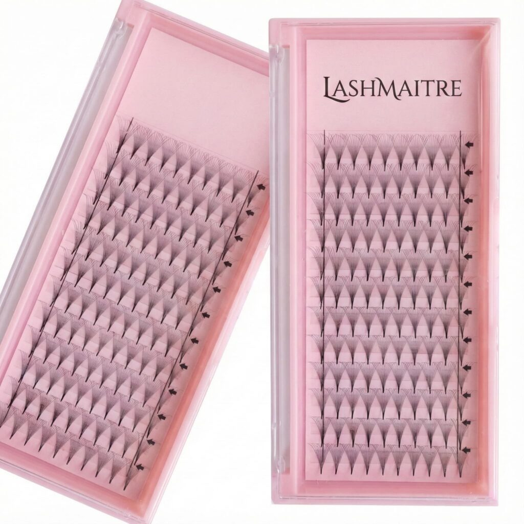 Close-up of long stem premade volume fans showing clean symmetry and defined stems