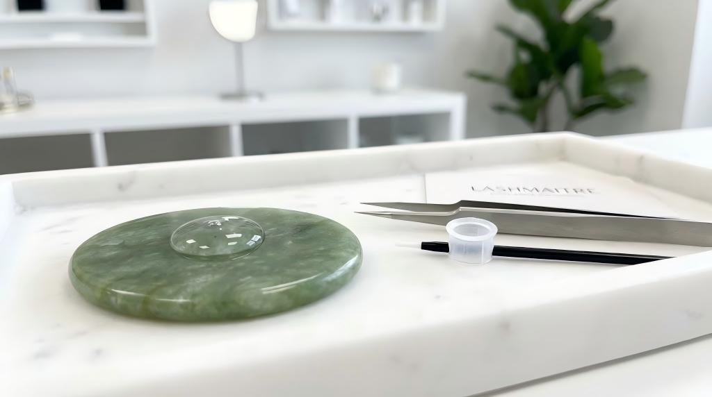 Macro close-up shot of a clear drop of LASHMAITRE low fume eyelash extension glue placed on a green jade stone, alongside professional tweezers on a marble salon tray.