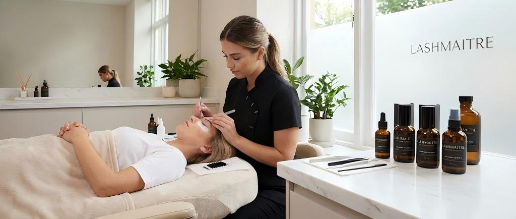 A professional LASHMAITRE salon workstation featuring bottles of low fume eyelash extension glue, with a technician performing a precise application on a calm, comfortable client.