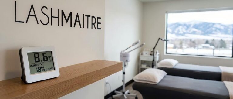 A digital hygrometer displaying low humidity levels in a salon, illustrating the environmental control necessary for proper adhesive curing for eyelash extensions in Helena MT.