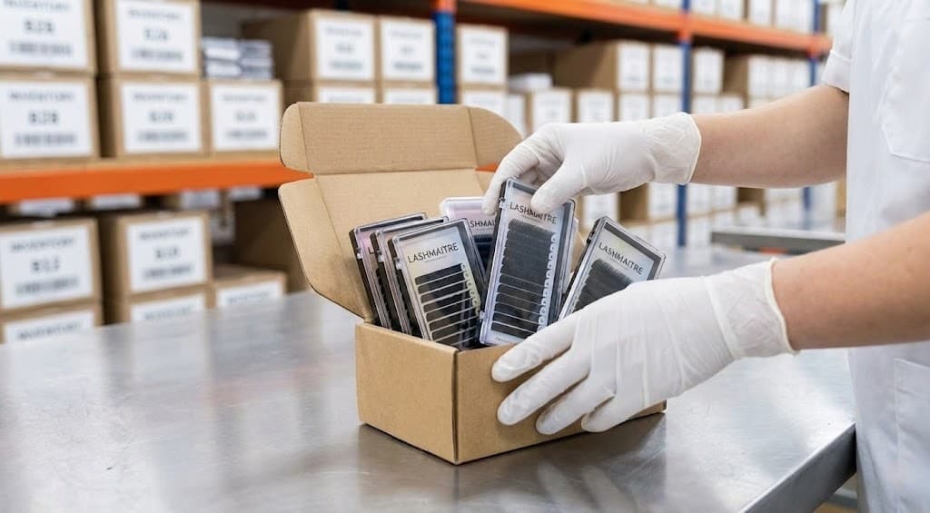 Small cartons and lash product boxes arranged on a packing table for a small order