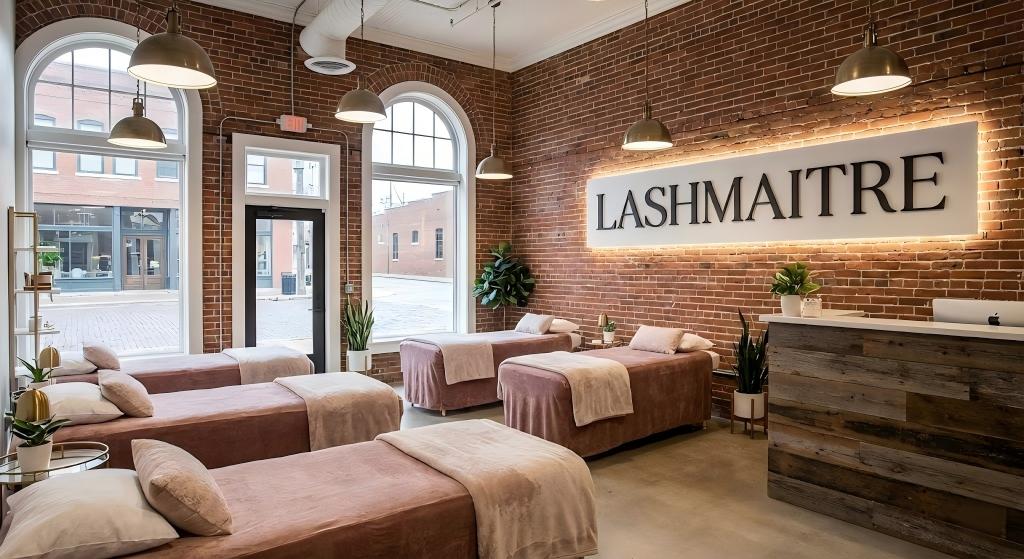 Interior view of the luxury LASHMAITRE salon, a top provider of eyelash extensions McKinney TX, featuring exposed historic brick walls, large arched windows, industrial pendant lighting, and plush pink velvet lash beds.