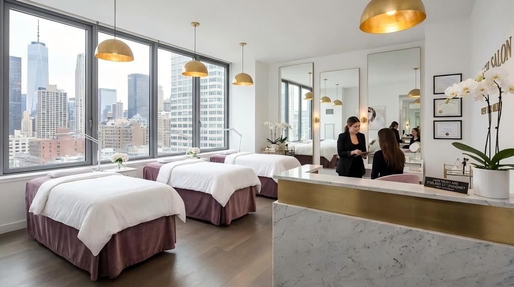 A luxury lash salon interior featuring treatment beds with city views and a marble reception desk with a sign explicitly asking "How much are eyelash extensions? View our menu."