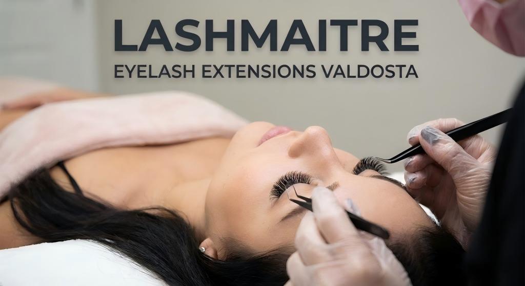 A close-up view of a professional lash artist applying individual extensions to a client, representing the high quality of lashes Valdosta GA services offered by LASHMAITRE.