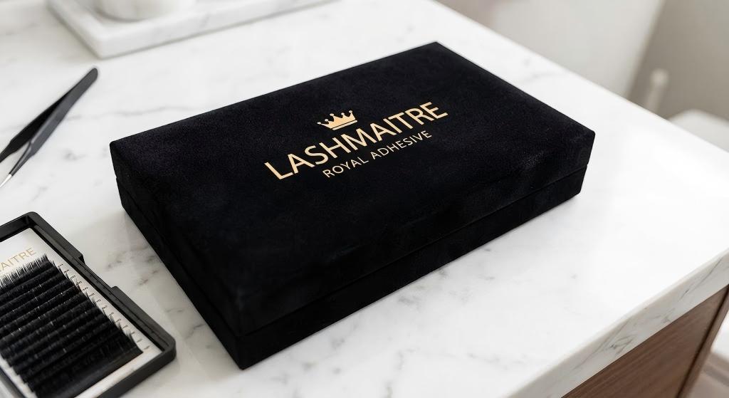 Luxury black velvet product packaging with gold foil stamping for LASHMAITRE Royal Adhesive, showcasing the high-end presentation available for premium lash adhesive wholesale orders.