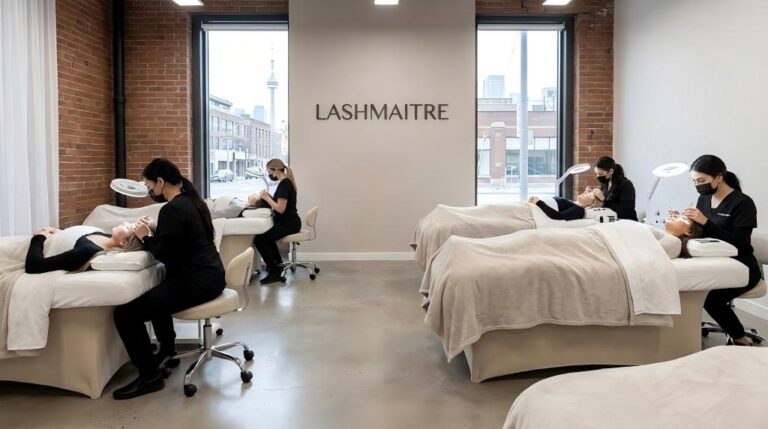 Interior of a high-end beauty studio featuring licensed technicians working at clean treatment beds, representing the premium standard for eyelash extensions in Toronto.