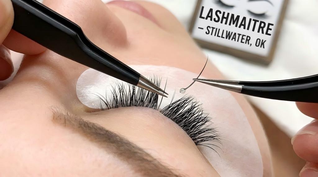 Macro photography showing precise isolation and clean adhesive dots during a professional application, highlighting the technical perfection of eyelash extensions in Stillwater.