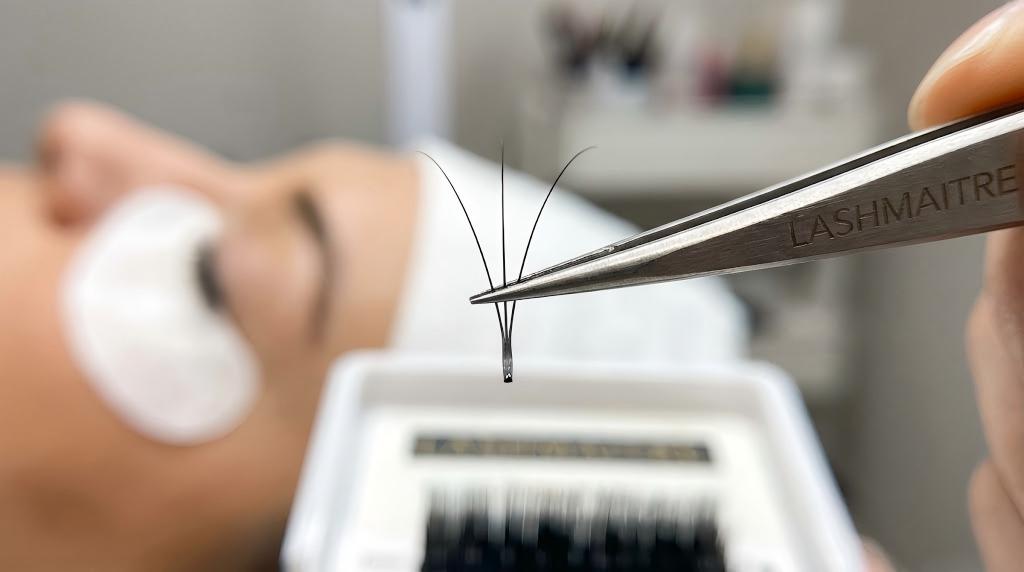 A macro close-up view of a perfectly crafted Volume 3D Eyelash Extensions fan held by LASHMAITRE professional tweezers during a salon application.