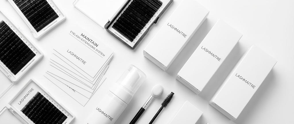 Professional flat lay of LASHMAITRE retail packaging and aftercare cards, displaying a complete product system designed to help clients cleanse and maintain eyelash extensions.
