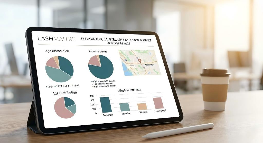 Tablet display showing LASHMAITRE market research charts on age, income, and lifestyle demographics for eyelash extensions Pleasanton.