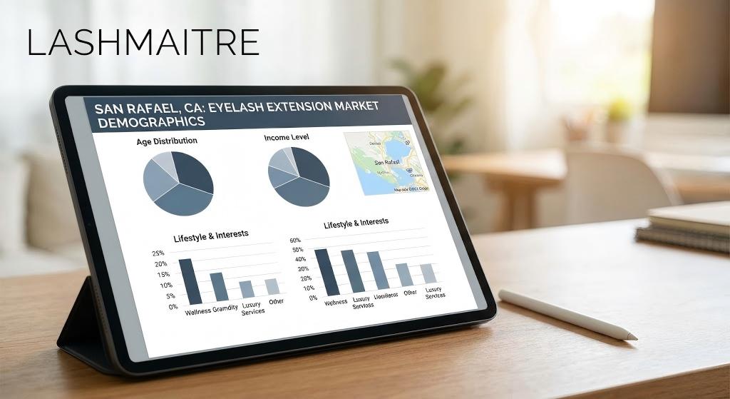 Tablet display showing LASHMAITRE market research charts on age, income, and lifestyle demographics for eyelash extensions San Rafael.