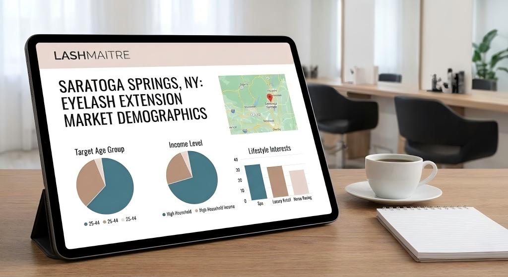 Tablet display showing LASHMAITRE market research charts on age, income, and lifestyle demographics for eyelash extensions Saratoga Springs.