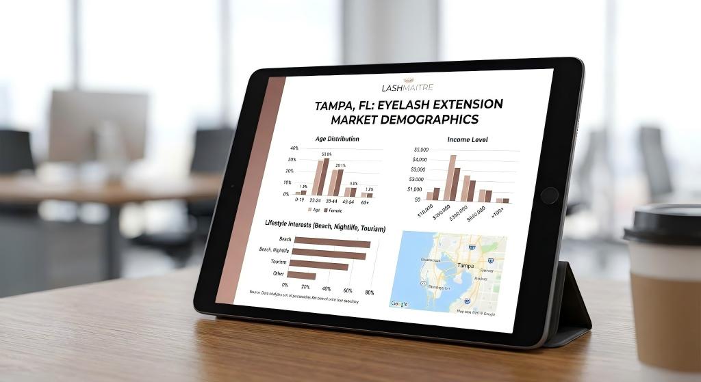 Tablet display showing LASHMAITRE market research charts on age, income, and lifestyle demographics for eyelash extensions Tampa FL.