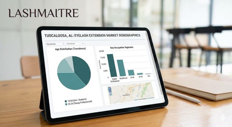 Tablet displaying LASHMAITRE market research charts on age and occupation demographics for eyelash extensions Tuscaloosa AL.