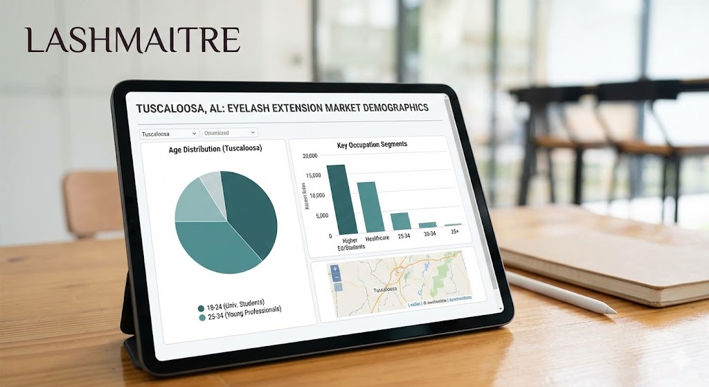 Tablet displaying LASHMAITRE market research charts on age and occupation demographics for eyelash extensions Tuscaloosa AL.