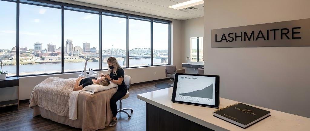 A promotional graphic titled '7 Pro Secrets to Dominate the Local Market', illustrating business growth tactics for salons offering eyelash extensions in Peoria IL.