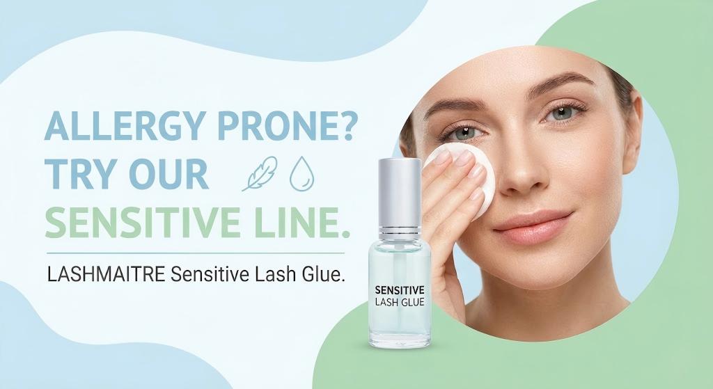 A marketing banner for LASHMAITRE featuring a fresh-faced model and a bottle of product, promoting the "Allergy Prone? Try Our Sensitive Line" campaign for hypoallergenic eyelash extension glue for sensitive eyes.