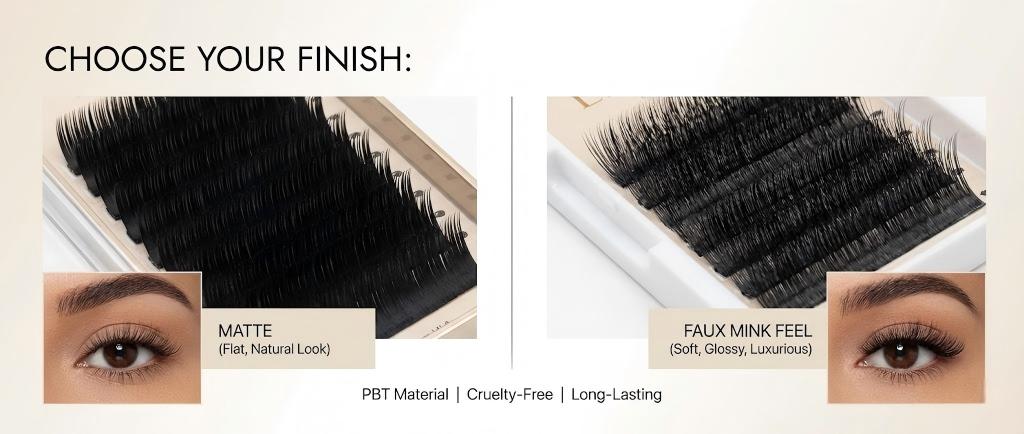 Comparison of matte vs faux mink feel premium PBT lash extensions in trays for wholesale lash extensions supply from Lashmaitre