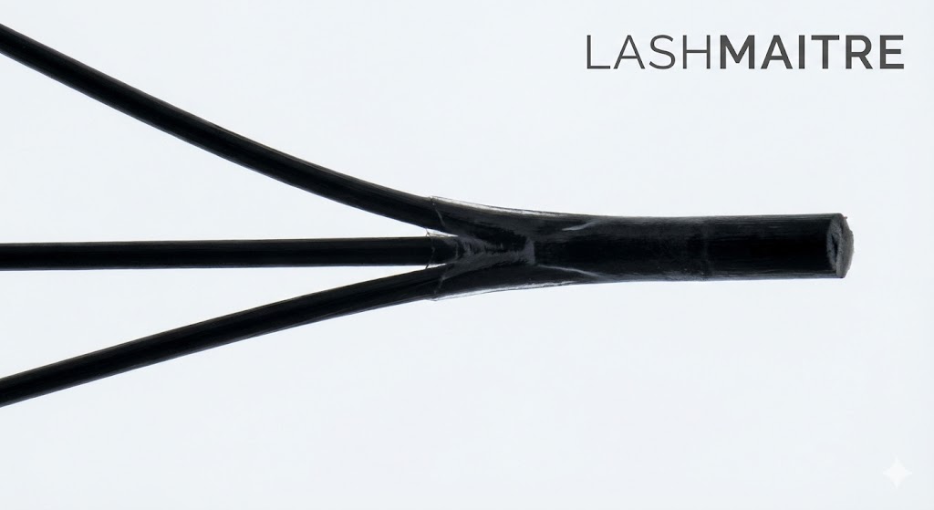 Microscopic cross-section of a heat-bonded LASHMAITRE fan base made from 0.07mm PBT, demonstrating the quality standard for wholesale 3d premade fans.