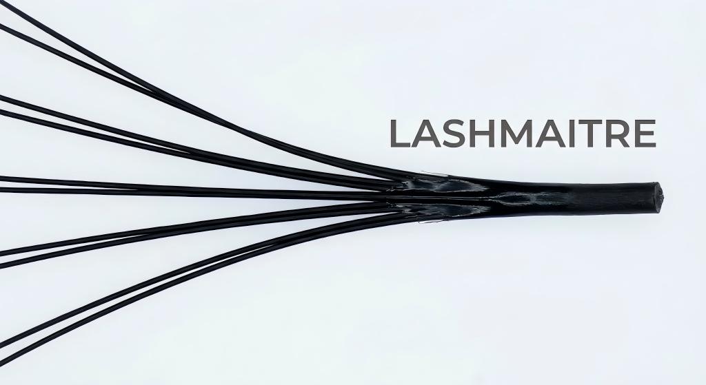 Microscopic cross-section of a LASHMAITRE 5D fan showing the ultra-thin heat-bonded base used with 0.07mm volume lashes to ensure a lightweight but dark finish.