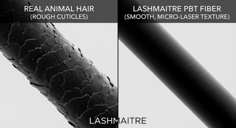 Microscopic comparison showing the rough, scaly cuticle structure of real animal hair often used for classic mink eyelash extensions (left) versus the smooth, micro-laser textured surface of LASHMAITRE synthetic PBT fiber (right).