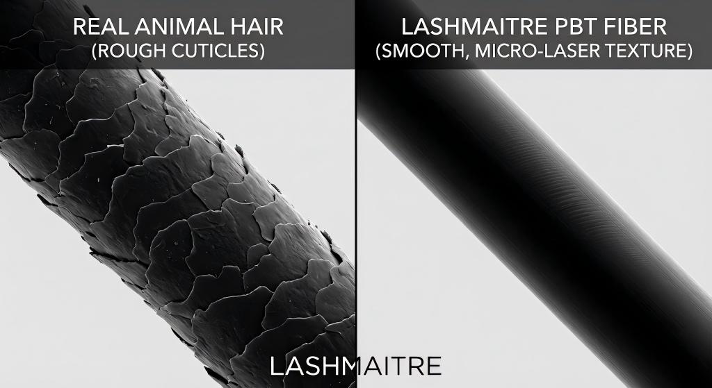 Microscopic comparison showing the rough, scaly cuticle structure of real animal hair often used for classic mink eyelash extensions (left) versus the smooth, micro-laser textured surface of LASHMAITRE synthetic PBT fiber (right).