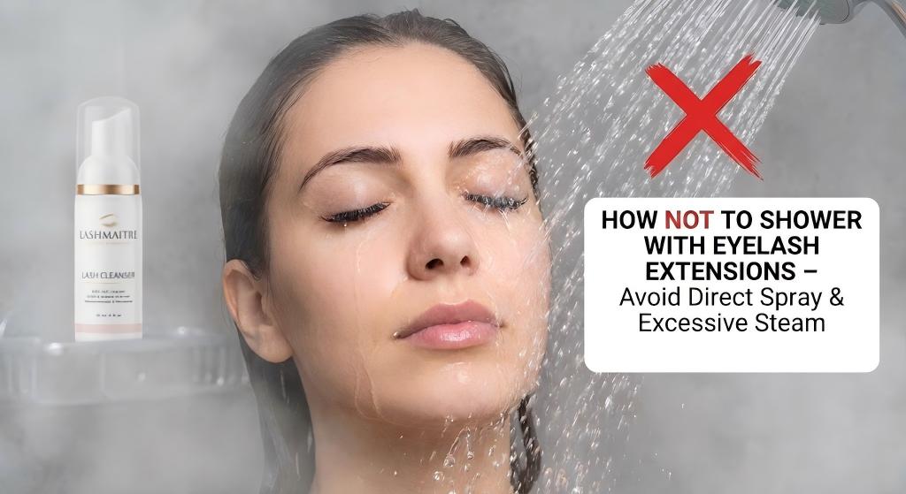 An educational infographic illustrating common mistakes when you shower with eyelash extensions, showing a woman letting direct water pressure hit her lashes, marked with a red X warning indicating what not to do.