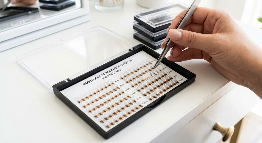 Mixed length trays of premade fans labeled 8–15mm for flexible lash mapping and styling