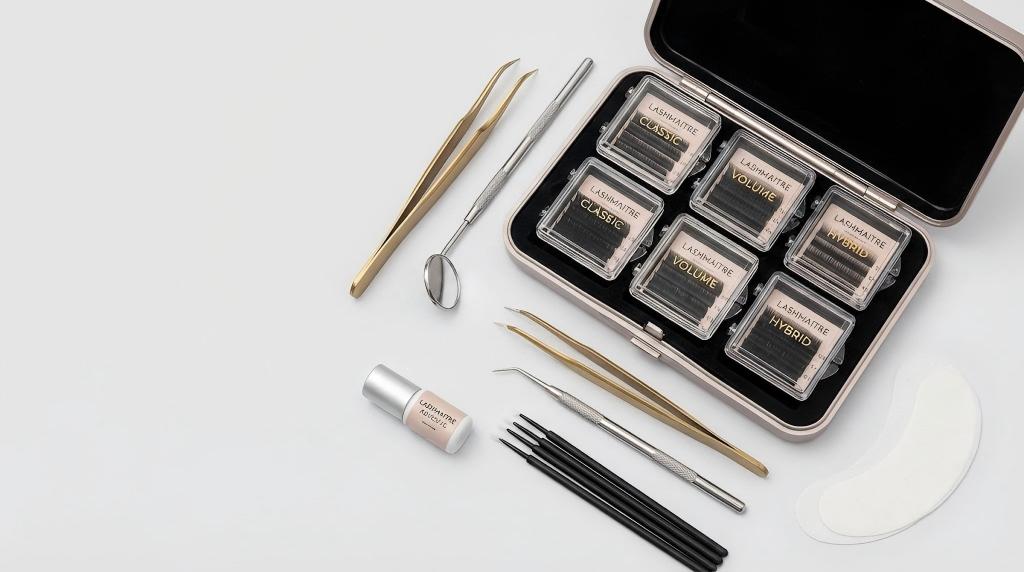 Flat lay of a compact LASHMAITRE mobile lash kit featuring organized trays of various types of eyelash extensions, adhesive, and precision tools for traveling artists.