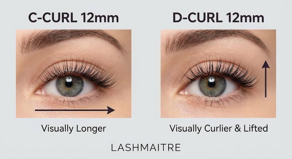 LASHMAITRE visual comparison guide showing that while 12mm is a most popular eyelash extension length, a C-CURL appears visually longer horizontally, whereas a D-CURL appears visually curlier and more lifted vertically.