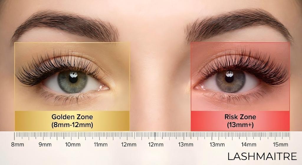 LASHMAITRE visual guide chart illustrating the "Golden Zone" (8mm-12mm) versus the "Risk Zone" (13mm+), defining the safest and most popular eyelash extension length for healthy natural lashes.