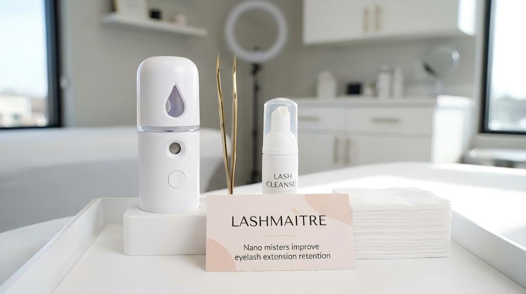 Close-up of professional LASHMAITRE salon tools including a nano mister, tweezers, and cleanser on a clean tray. A display card explicitly states the benefit: "Nano misters improve eyelash extension retention."
