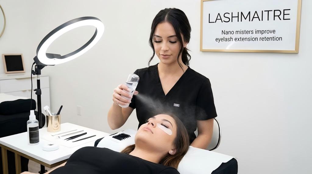 A LASHMAITRE technician applies a fine mist using a nano mister device to a client's finished lashes in a professional salon, illustrating how nano misters improve eyelash extension retention.