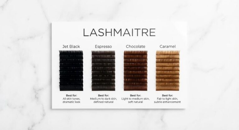 LASHMAITRE professional eyelash extension color chart displaying Jet Black alongside natural brown eyelash extensions shades including Espresso, Chocolate, and Caramel, with specific recommendations for different skin tones and desired looks.