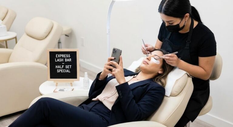 A detailed close-up photograph of a woman's eye featuring natural eyelash extension styles. The image showcases individual classic extensions applied 1:1 to native lashes, creating defined length and a soft curl that seamlessly blends with the natural lash line.