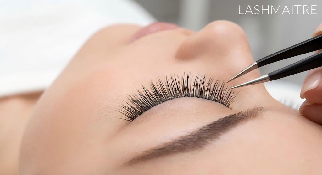 Split-screen beauty photography comparing a client's bare eye (left) to the same eye enhanced with LASHMAITRE natural looking eyelash extensions before and after, showcasing a subtle and defined transformation.