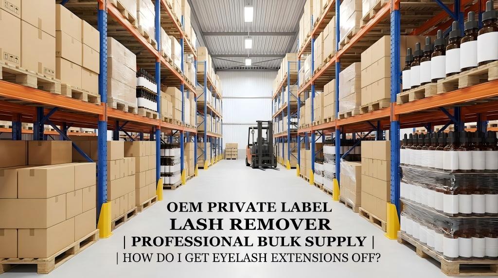 A large warehouse aisle filled with pallets of OEM private label lash remover bottles and bulk boxes, illustrating professional supply solutions for the question: how do i get eyelash extensions off.