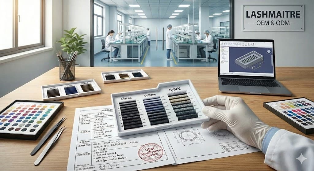 Lash extension sample trays and specification notes reviewed on a desk